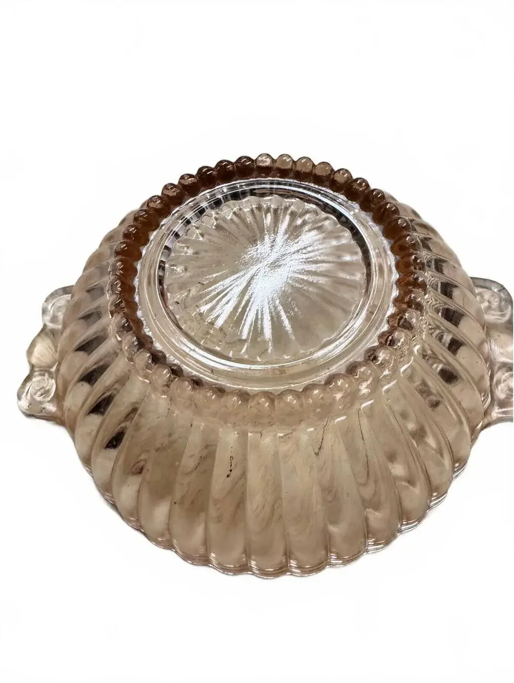 Vintage Pink Depression Glass Ribbed Handled Bowl 6 In